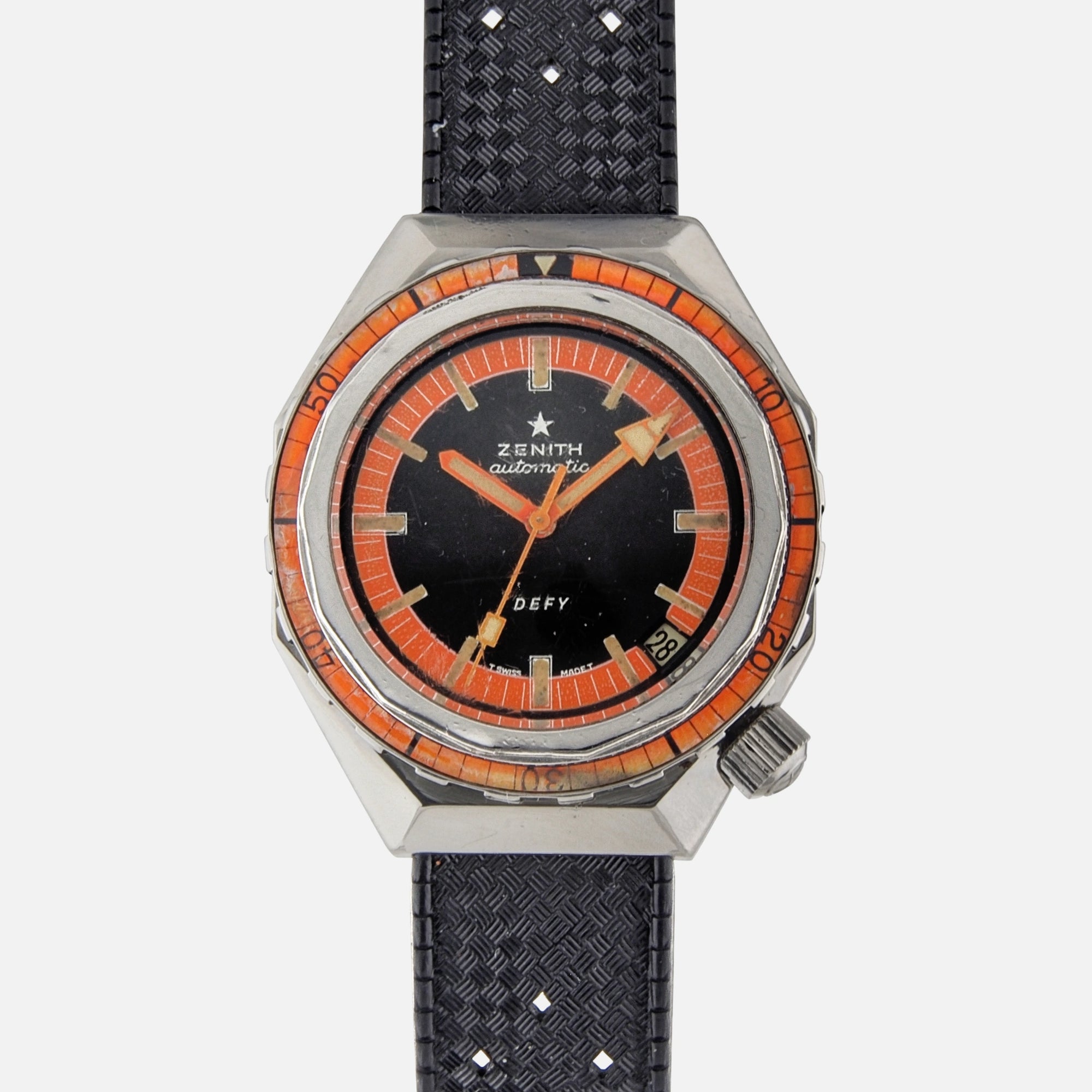 1970s Zenith Plongeur Defy Diver Sub-Sea Vintage A3648 with Orange Dial and Bakelite Bezel for sale on Vintage Watch Leader