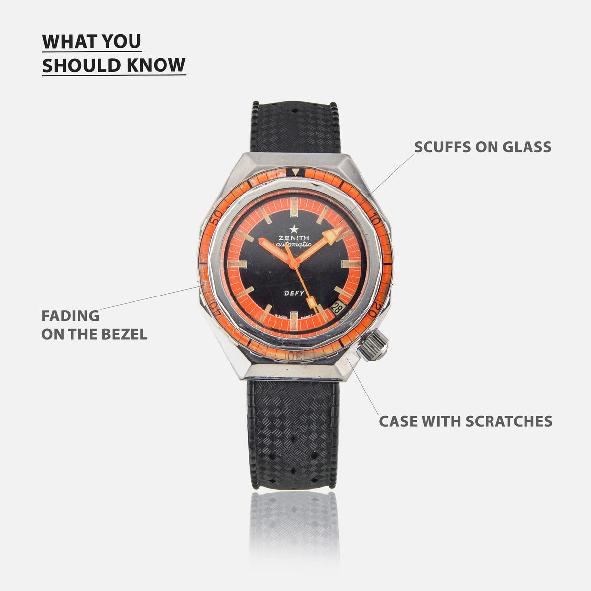 1970s Zenith Plongeur Defy Diver Sub-Sea Vintage A3648 with Orange Dial and Bakelite Bezel for sale on Vintage Watch Leader