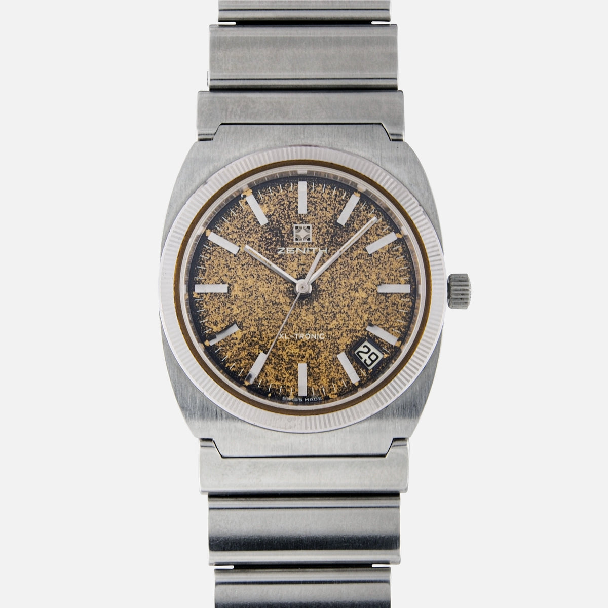 1970s Zenith Surf XL Tronic with gold tropical dial ref 01 0010 500 cal zenith 50 0 tuning fork esa 9162 for sale on vintage watch leader 1