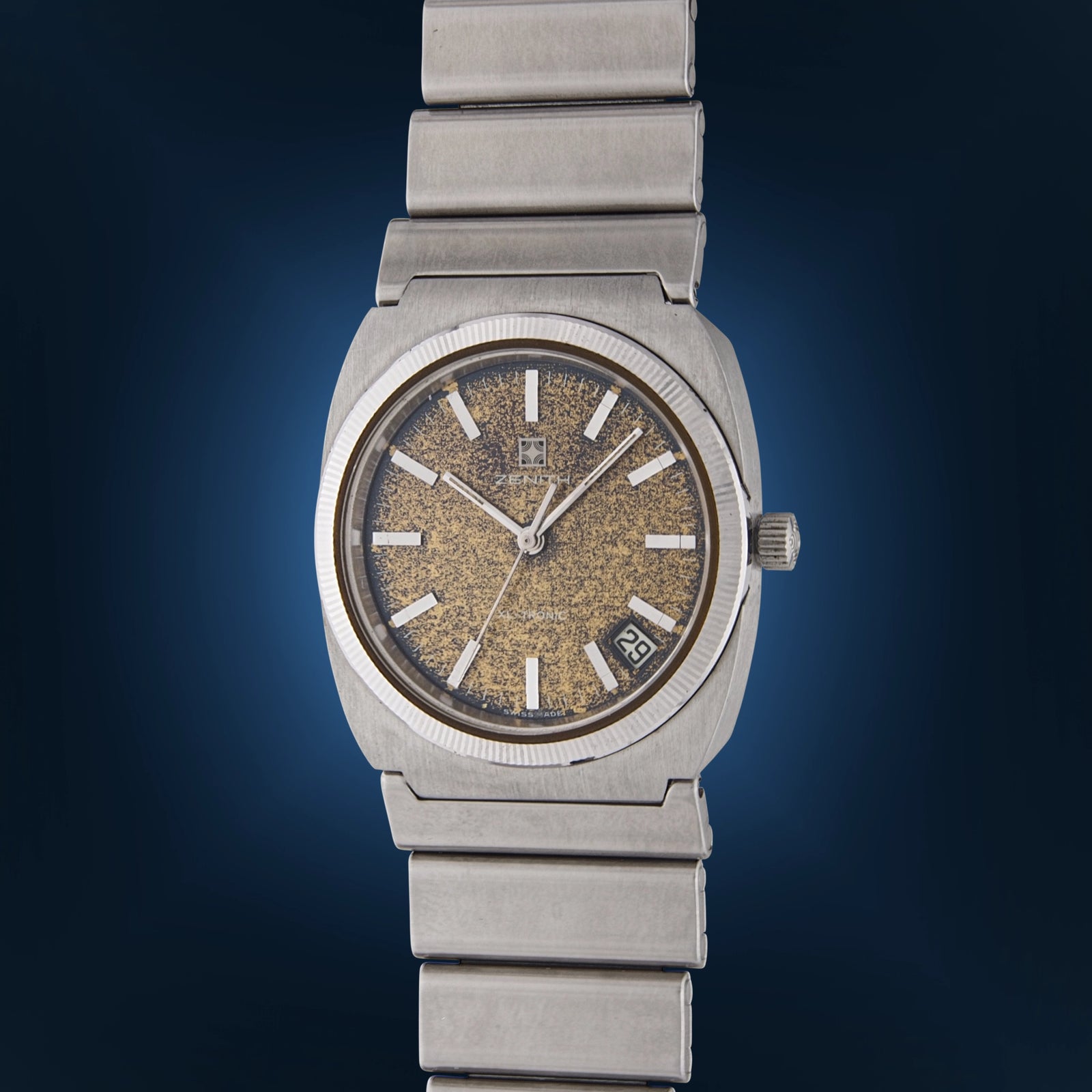 1970s Zenith Surf XL Tronic with gold tropical dial ref 01 0010 500 cal zenith 50 0 tuning fork esa 9162 for sale on vintage watch leader 1