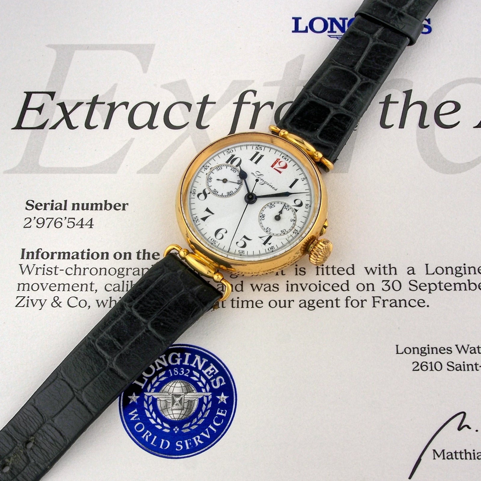 1920 Longines Chronographe Compteur Caliber 13.33Z with Extract from the Archives - Vintage Watch Leader 