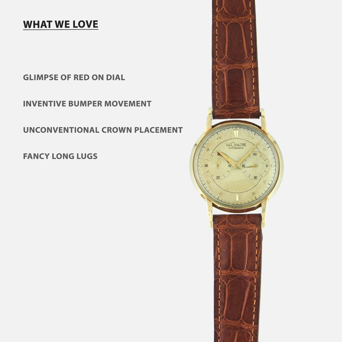 1950s LeCoultre Vintage Futurematic in 10Kt Gold-Filled Yellow Gold the first watch bumper automatic winding 497 calibre and power reserve available for shipping on Vintage Watch Leader