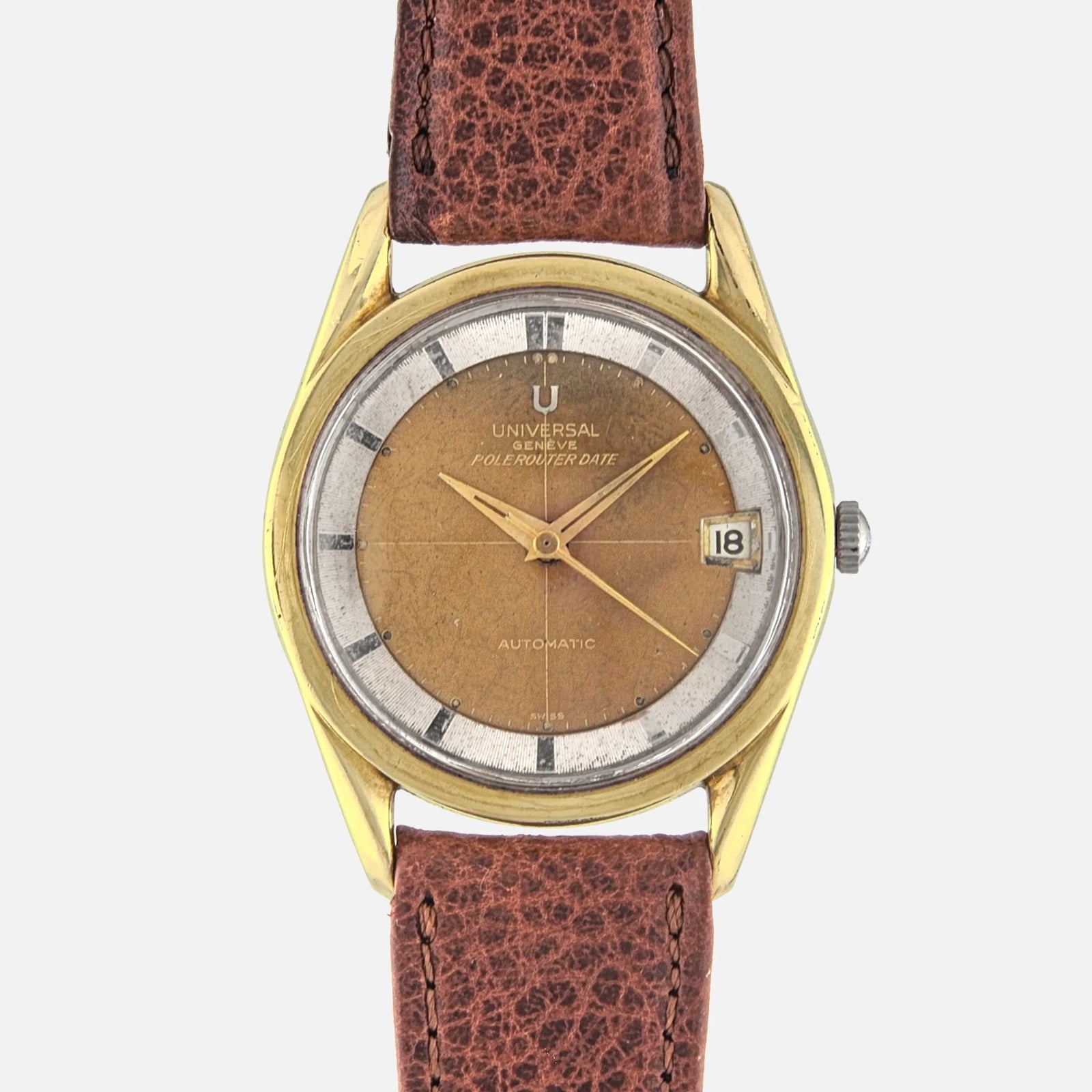 1960s Universal Genève Polerouter Microrotor Two Tone Gold and Steel Ref. 2046059 9 with tropical dial for sale on Vintage Watch Leader