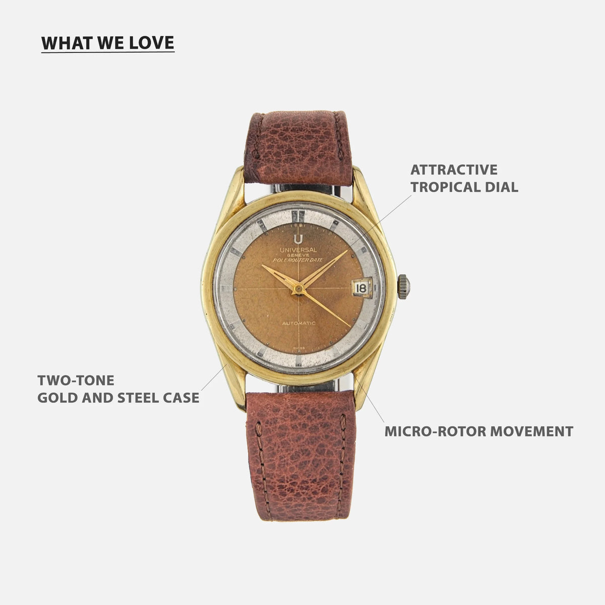 1960s Universal Genève Polerouter Microrotor Two Tone Gold and Steel Ref. 2046059 9 for sale on Vintage Watch Leader