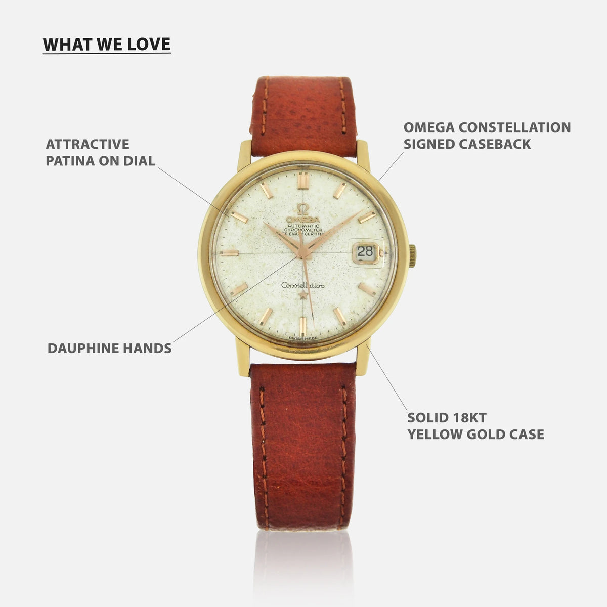 1964 Omega Vintage Chronometer Ref. 168.004 A rare and solid yellow gold 18Kt pre owned Constellation with crosshair dial for sale on Vintage Watch Leader