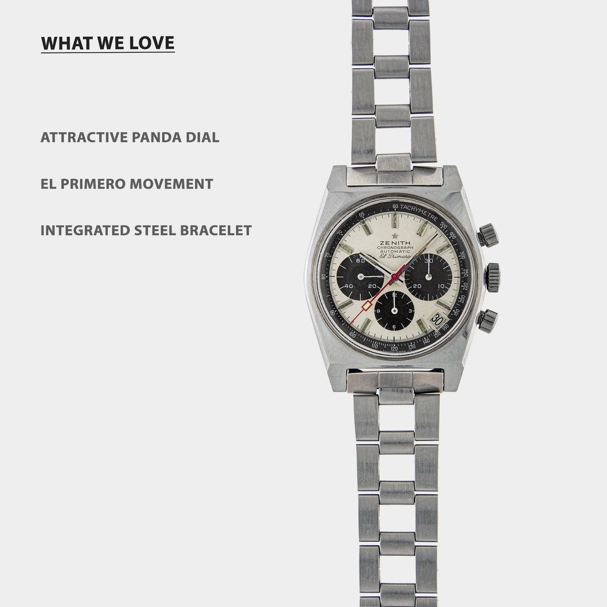 1970s Vintage Zenith A384 Panda El Primero Watch First Automatic Chronograph with Steel Ladder Bracelet for sale on Vintage Watch Leader