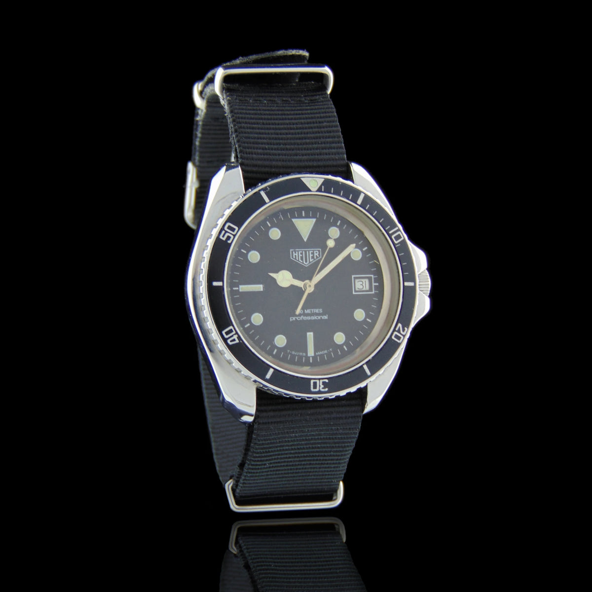 1980s Vintage Heuer Professional 200 Watch Model ref. 844 2 Monnin in Steel for sale on Vintage Watch Leader