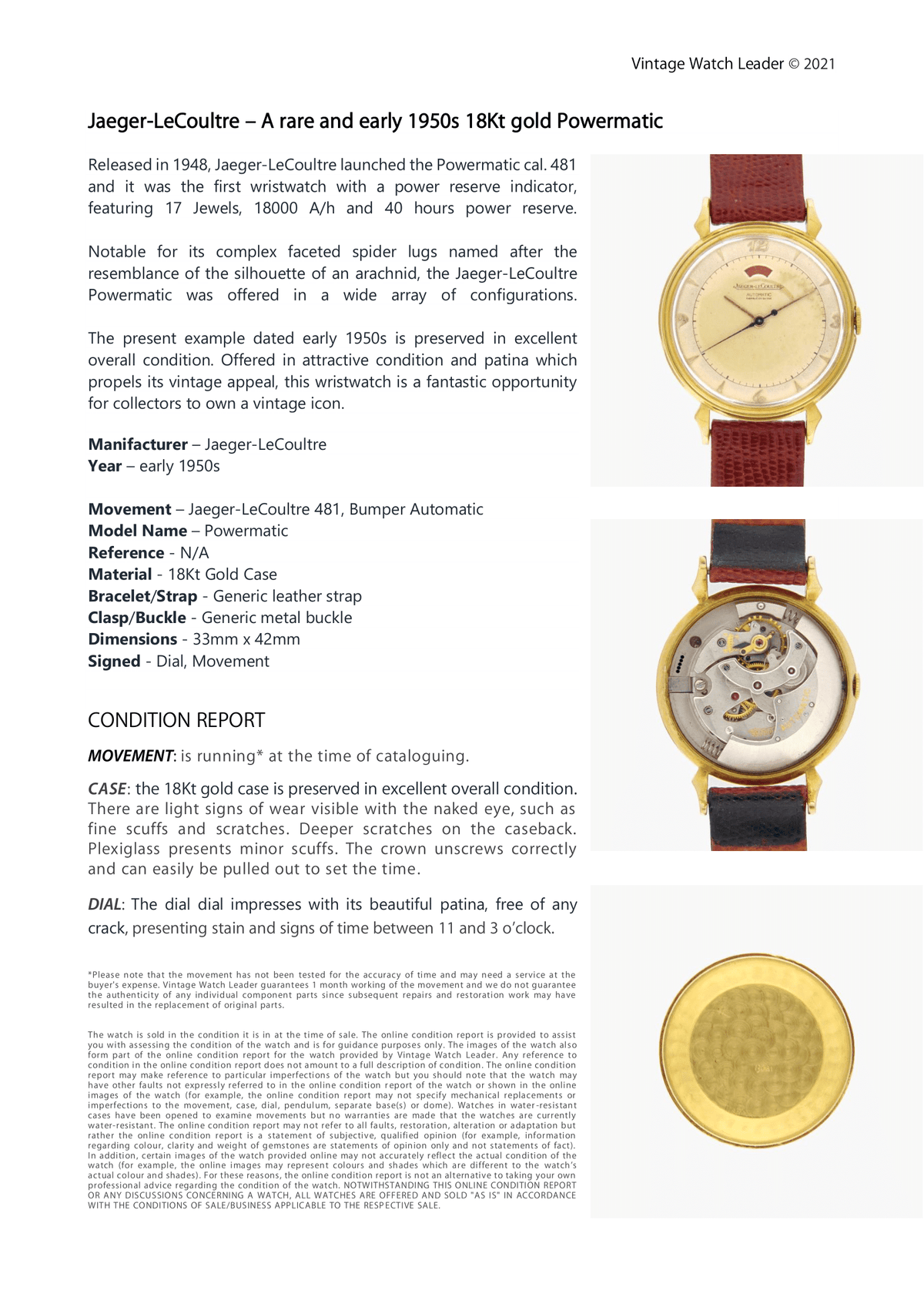 1950s Jaeger-LeCoultre Powermatic Cal. 481 - Condition Report - Vintage Watch Leader
