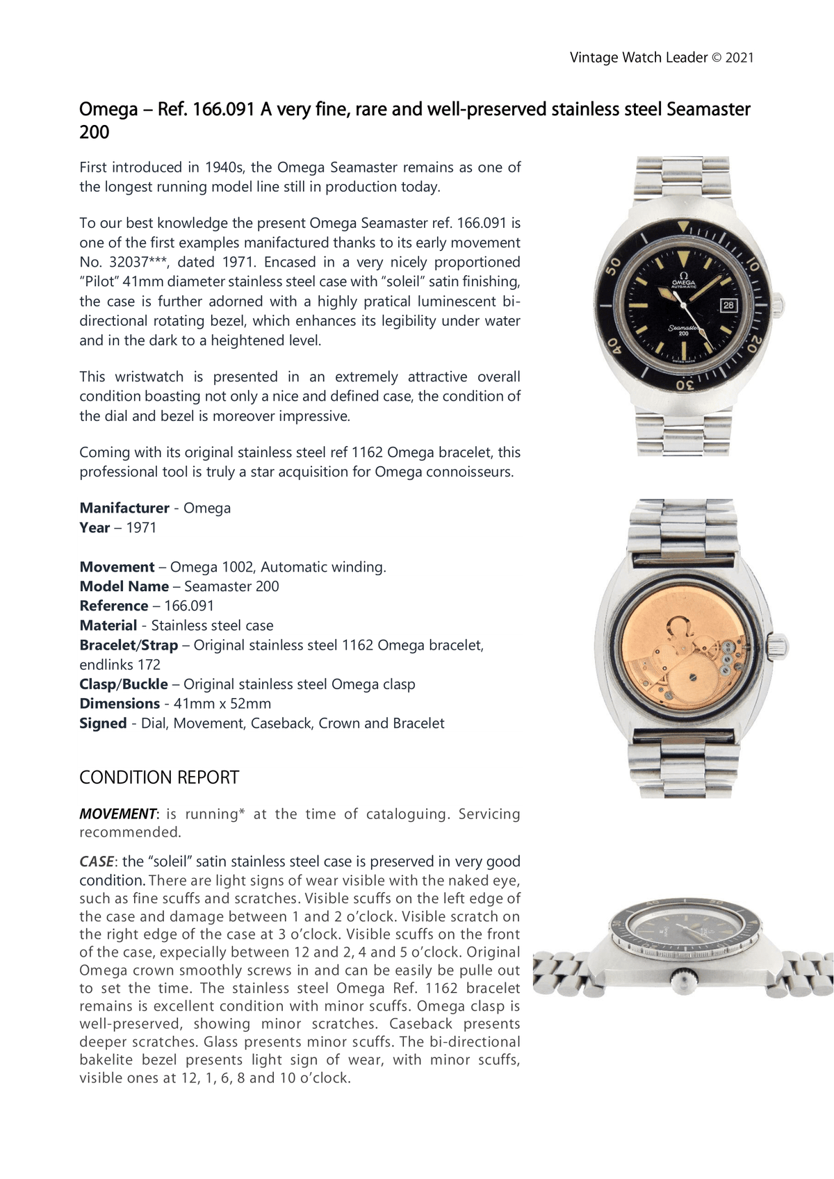 1971 Omega Seamaster 200 Ref. 166.091 &quot;Mini Ploprof&quot; - Vintage Watch Leader - Condition Report