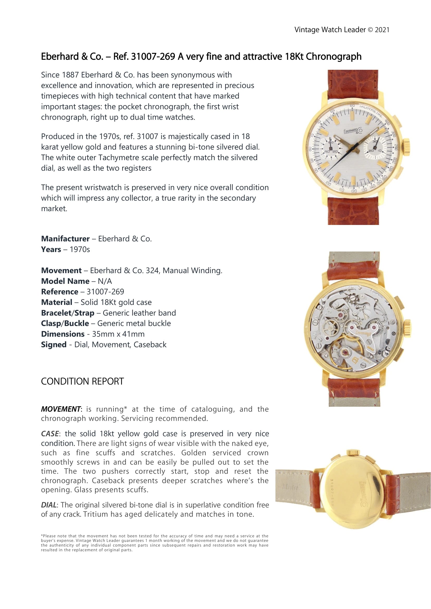 1970s Eberhard & Co. Chronograph in 18Kt Yellow Gold