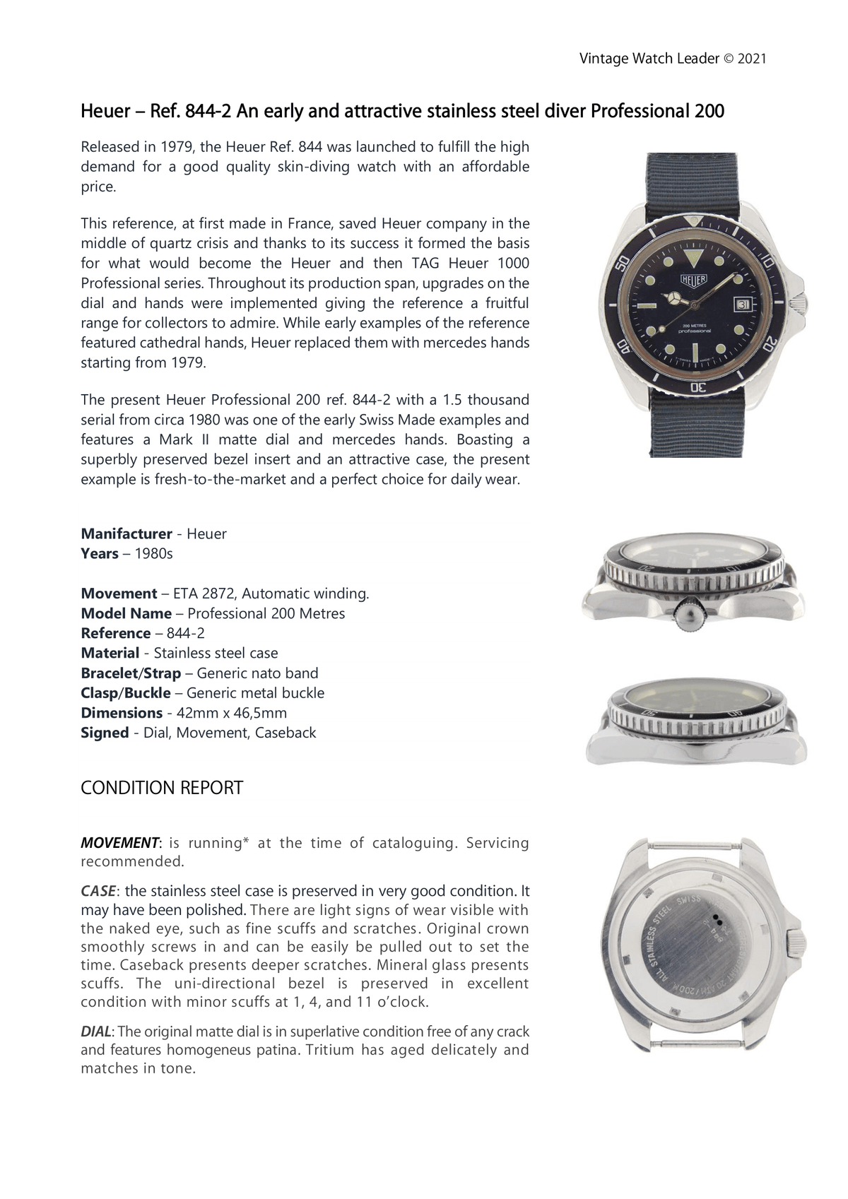 1980s Vintage Heuer Professional 200 Watch Model ref. 844 2 Monnin in Steel for sale on Vintage Watch Leader Condition Report