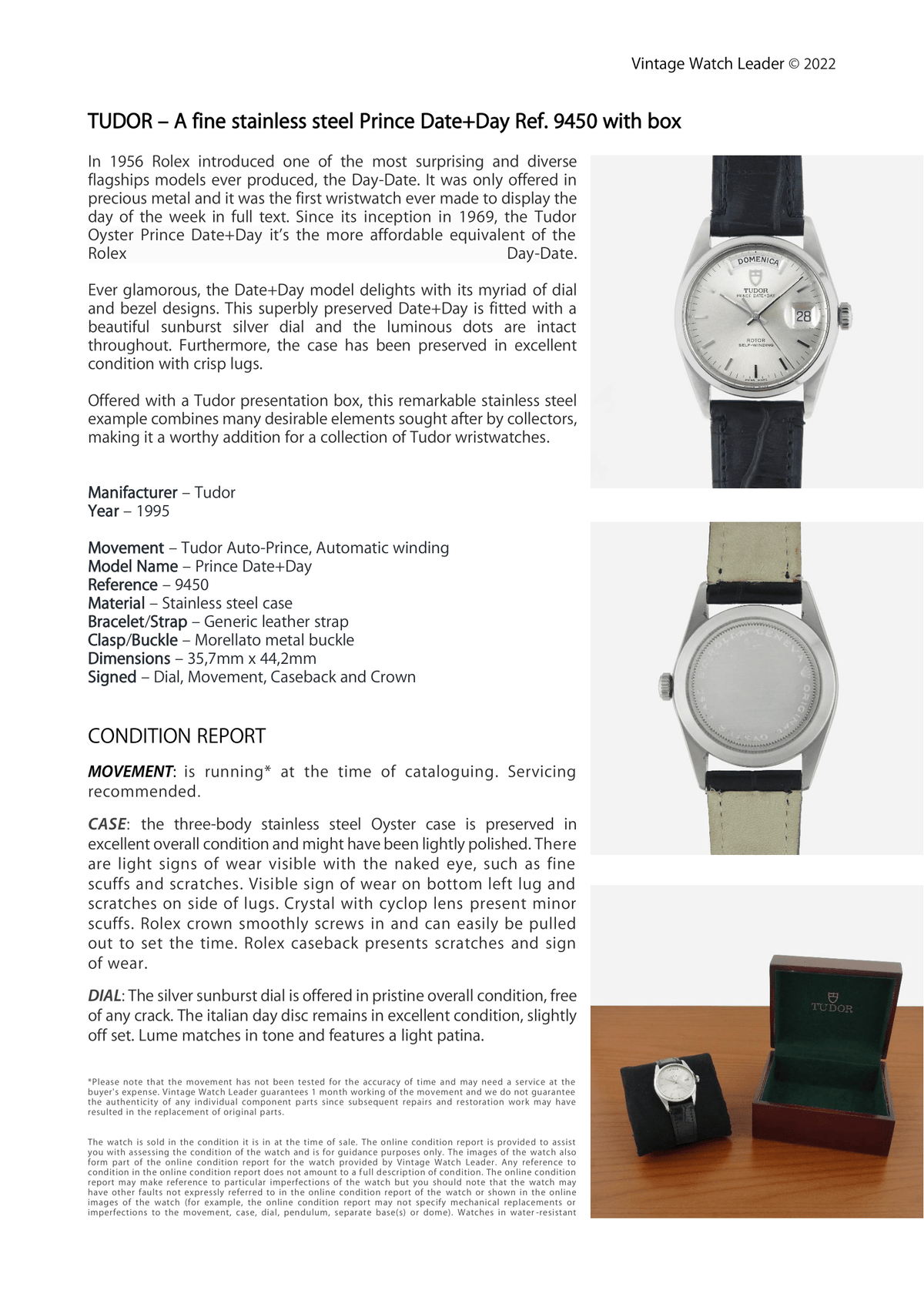 Tudor Rolex Prince Date Day Vintage Ref. 9450 review history for sale 36 mm - Vintage Watch Leader Condition Report