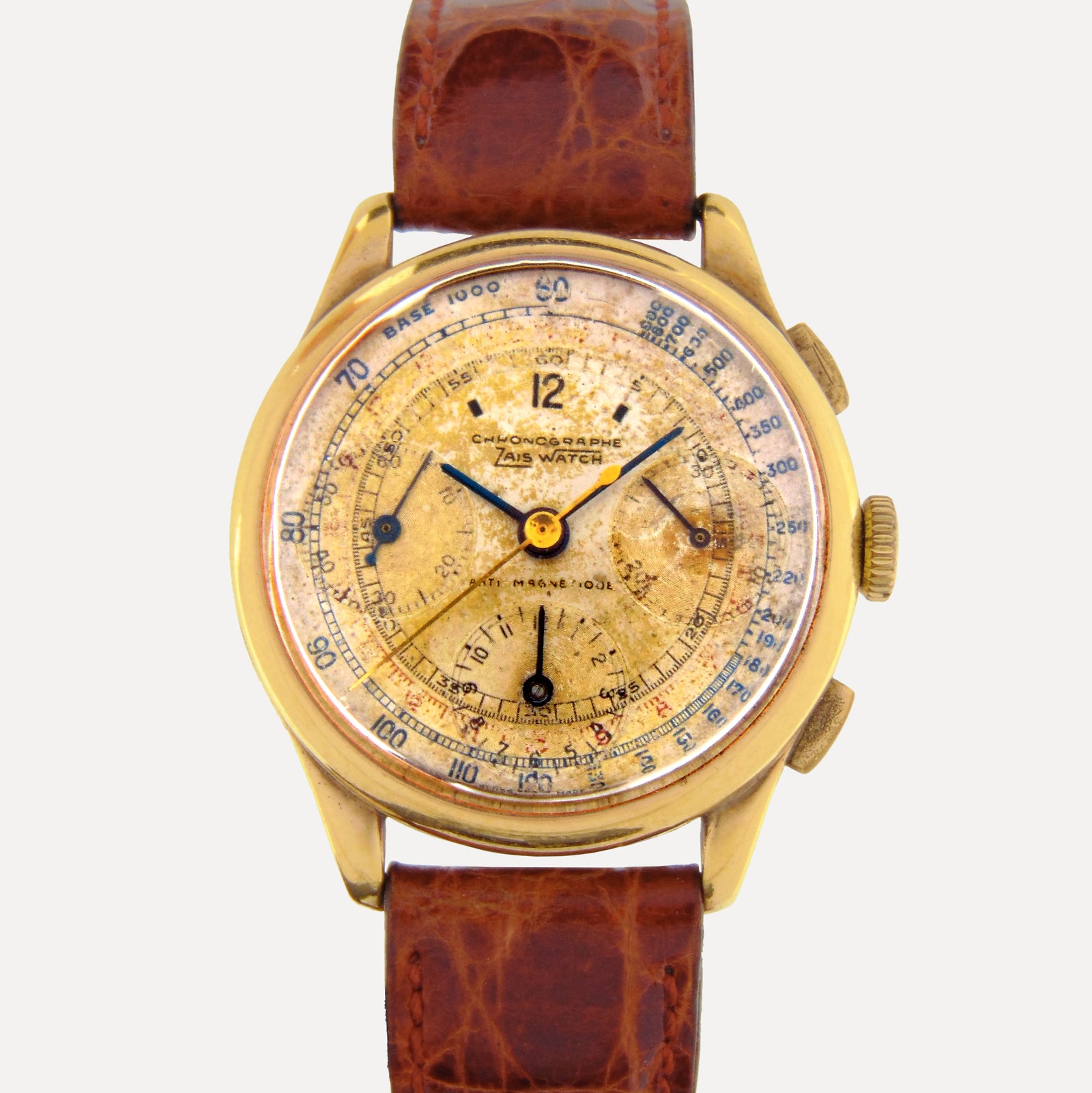 1940s Zais Watch Gold-plated case Triple Register Chronograph Caliber Landeron 42 - Vintage Watch Leader
